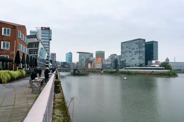 Modern district with many high-rise building in Düsseldorf harbor
