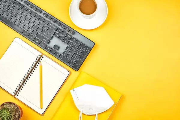 Modern workspace in new realities. Working at office during new coronavirus pandemic