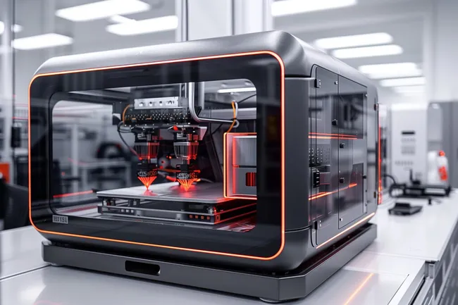 Moderne 3D-Drucker-Nahaufnahme in Grautönen