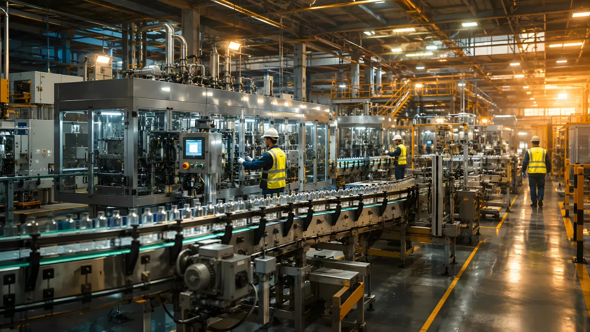 Moderne Abfüllanlage mit Arbeitern in Fabrikhalle