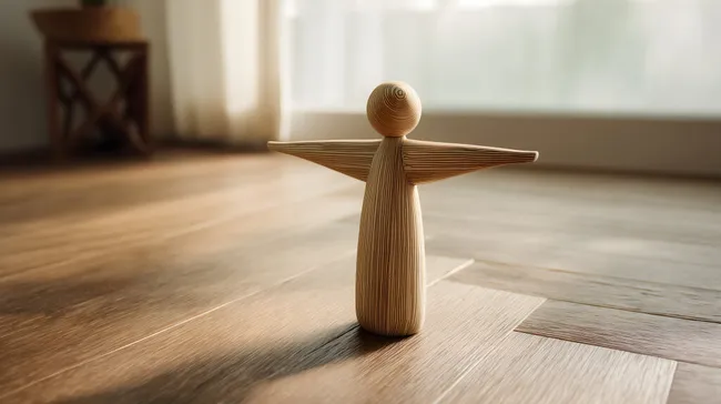 Moderne abstrakte Holzfigur auf Parkettboden