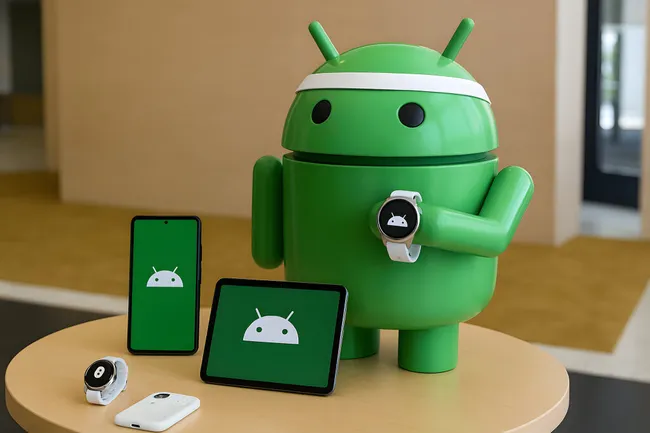 Moderne Android-Roboterfigur mit Smartphone und Zubehör