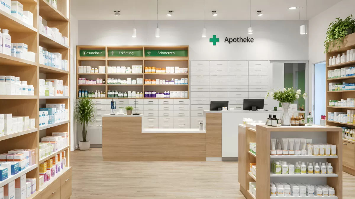 Moderne Apotheke mit Holzregalen und Produkten