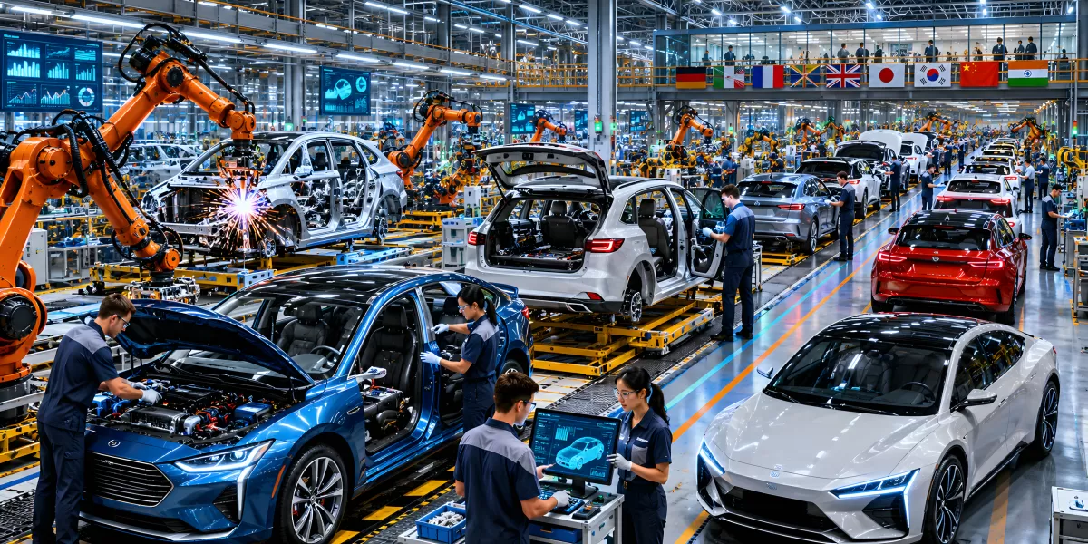 Moderne Automobilfabrik mit Robotern und Fließband