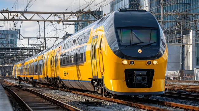 Moderne Bahnverbindung mit orangem Hochgeschwindigkeitszug