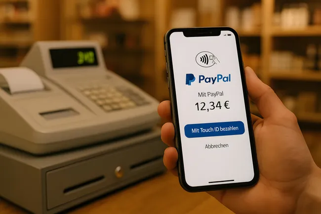 Moderne Bezahlung mit Smartphone und PayPal in Einzelhandel