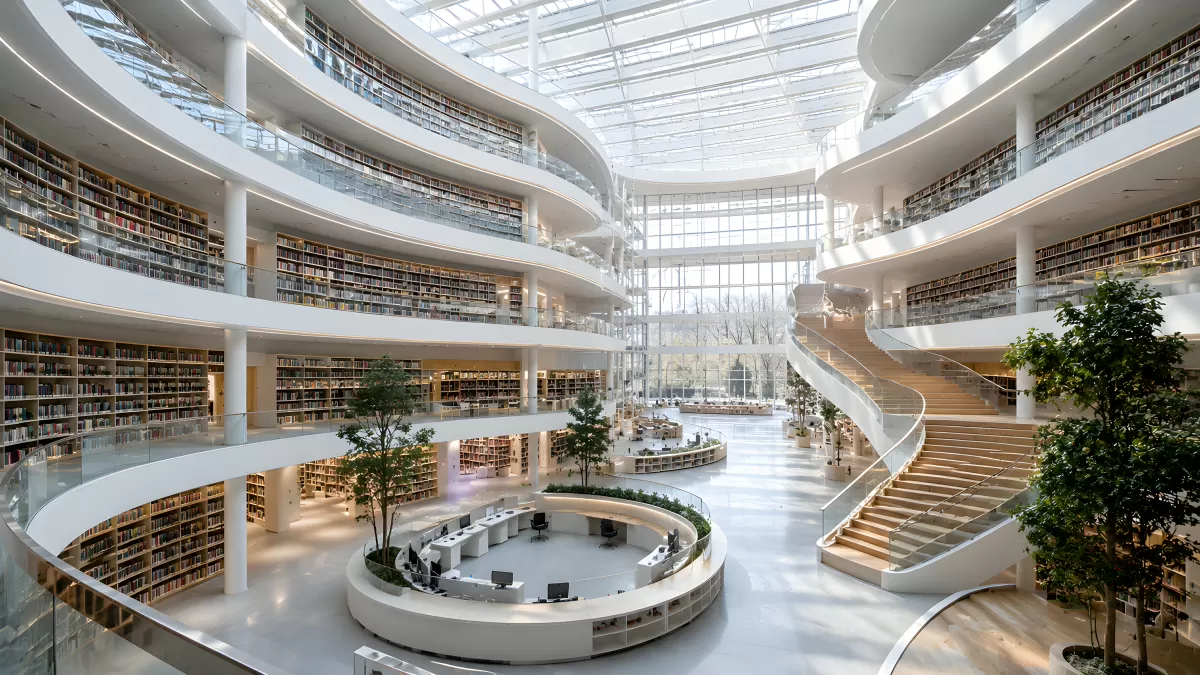 Moderne Bibliothek mit geschwungenen Galerien und Glasdach