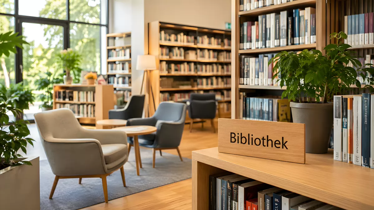 Moderne Bibliothek mit Lesezone und Bücherregalen