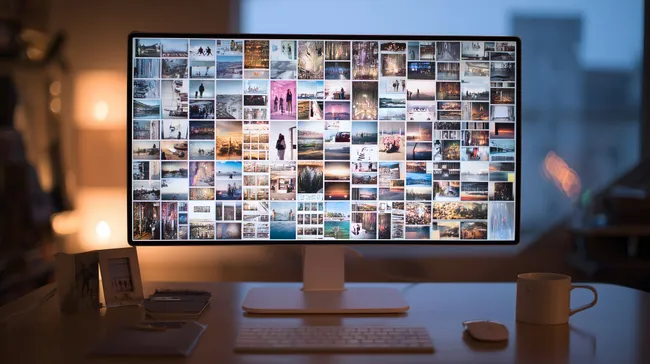 Moderne Bildergalerie auf Großbildschirm im Büroarbeitsplatz