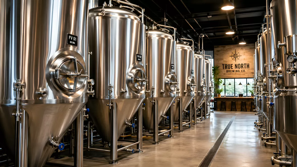 Moderne Brauerei mit glänzenden Edelstahl-Gärtanks