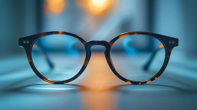 Moderne Brille in Schildpattoptik vor blau-orangem Hintergrund