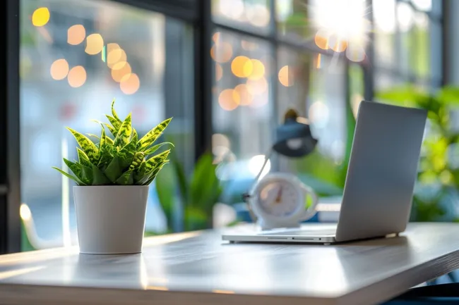 Moderne Büroatmosphäre mit Laptop und Zimmerpflanze