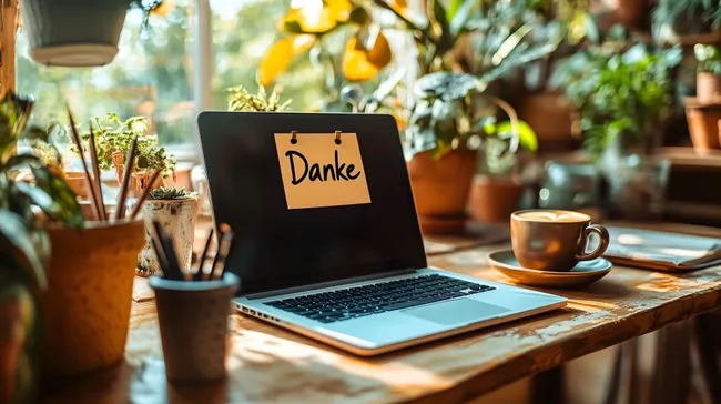 Moderne Büroausstattung mit Laptop und Dankeschön-Notiz