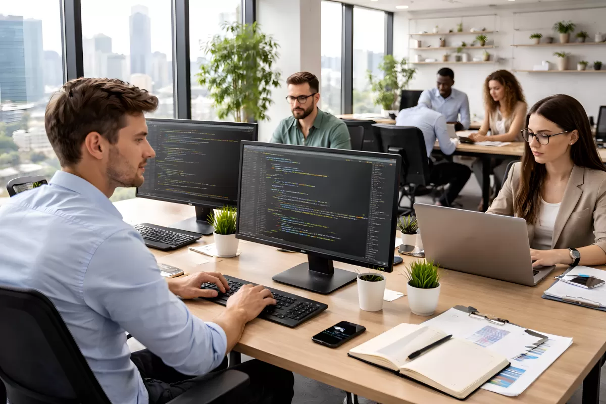 Moderne Bürolandschaft mit Softwareentwicklern bei der Arbeit