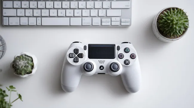 Moderne Bürowelt: Tastatur, Kaktus und Controller