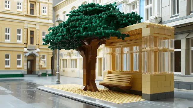 Moderne Bushaltestelle aus bunten Lego-Steinen