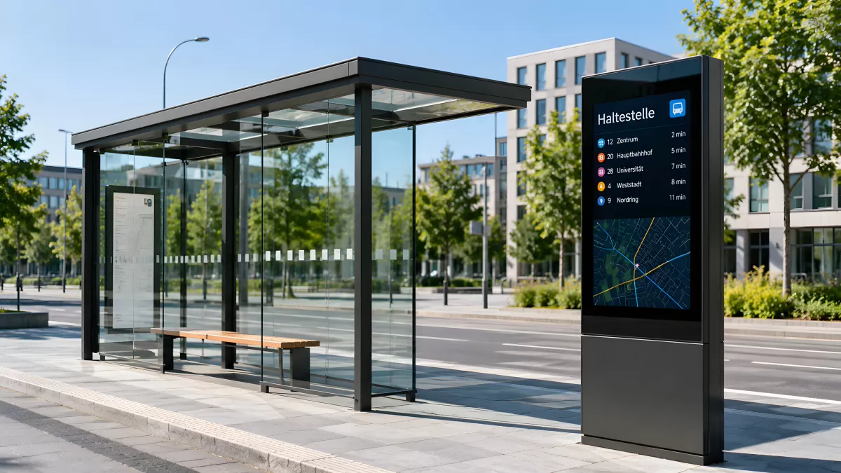 Moderne Bushaltestelle mit digitalem Fahrplan in der Stadt
