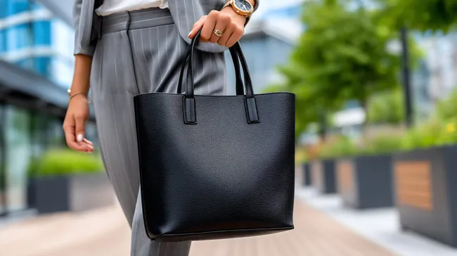 Moderne Businessfrau mit schwarzer Luxus-Handtasche