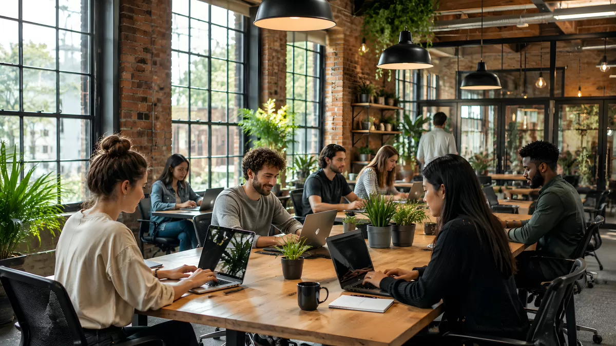 Moderne Coworking-Atmosphäre mit jungen Fachleuten