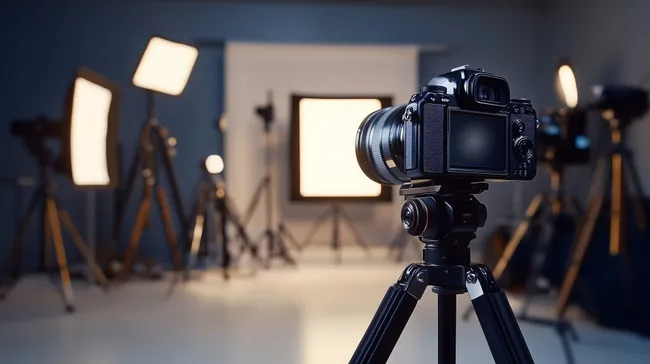 Moderne digitale Spiegelreflexkamera im Fotostudio