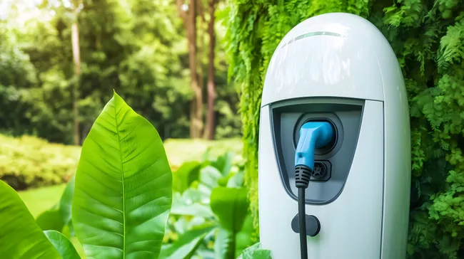 Moderne Elektroauto-Ladestation im grünen Waldgebiet