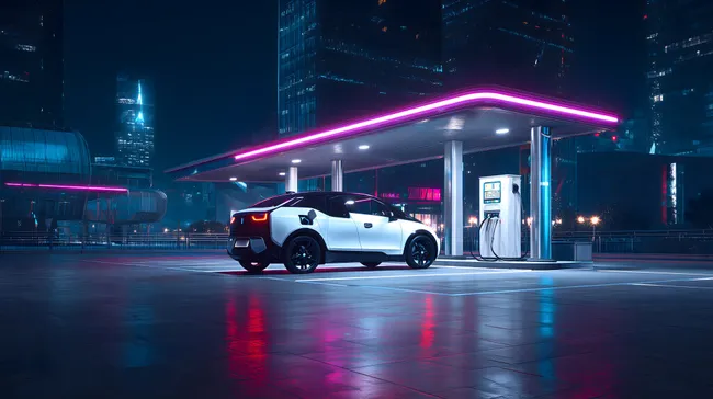 Moderne Elektroauto-Ladestation in nächtlicher Großstadtkulisse