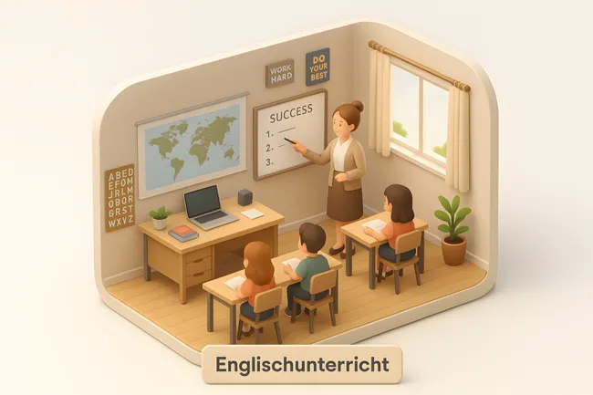Moderne Englisch-Unterrichtsszenerie mit Lehrkraft und Schülern