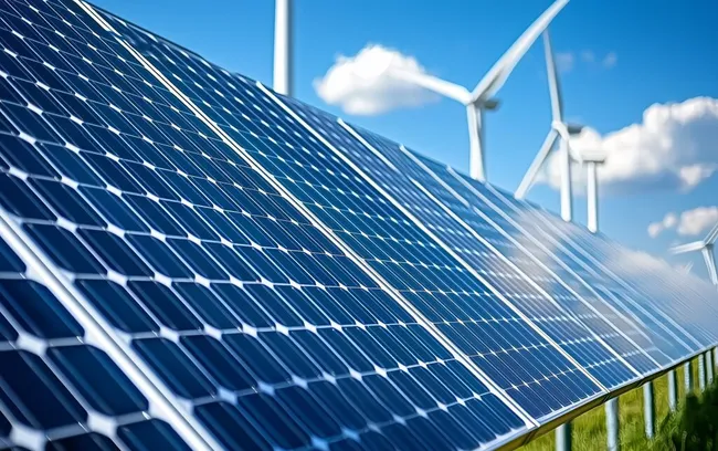 Moderne erneuerbare Energiesysteme vor Wolkenhimmel