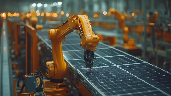 Moderne Fabrikrobotik bei der Solarmodul-Herstellung