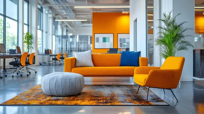 Moderne, farbenfrohe Büroeinrichtung mit Coworking-Atmosphäre