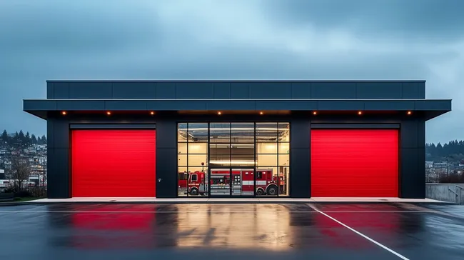 Moderne Feuerwache mit roten Toren und großen Glasfronten