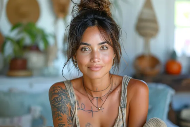 Moderne Frau mit Tattoos in gemütlicher Umgebung