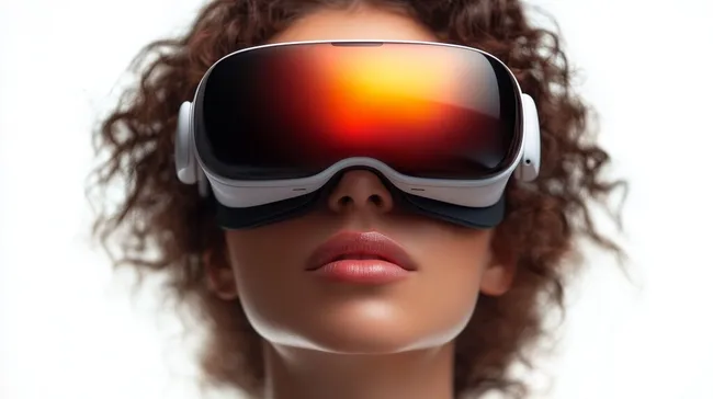 Moderne Frau mit VR-Brille und Lockenfrisur