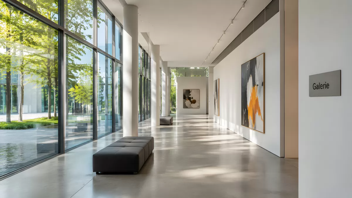 Moderne Galerie mit Glasfront und abstrakter Kunst