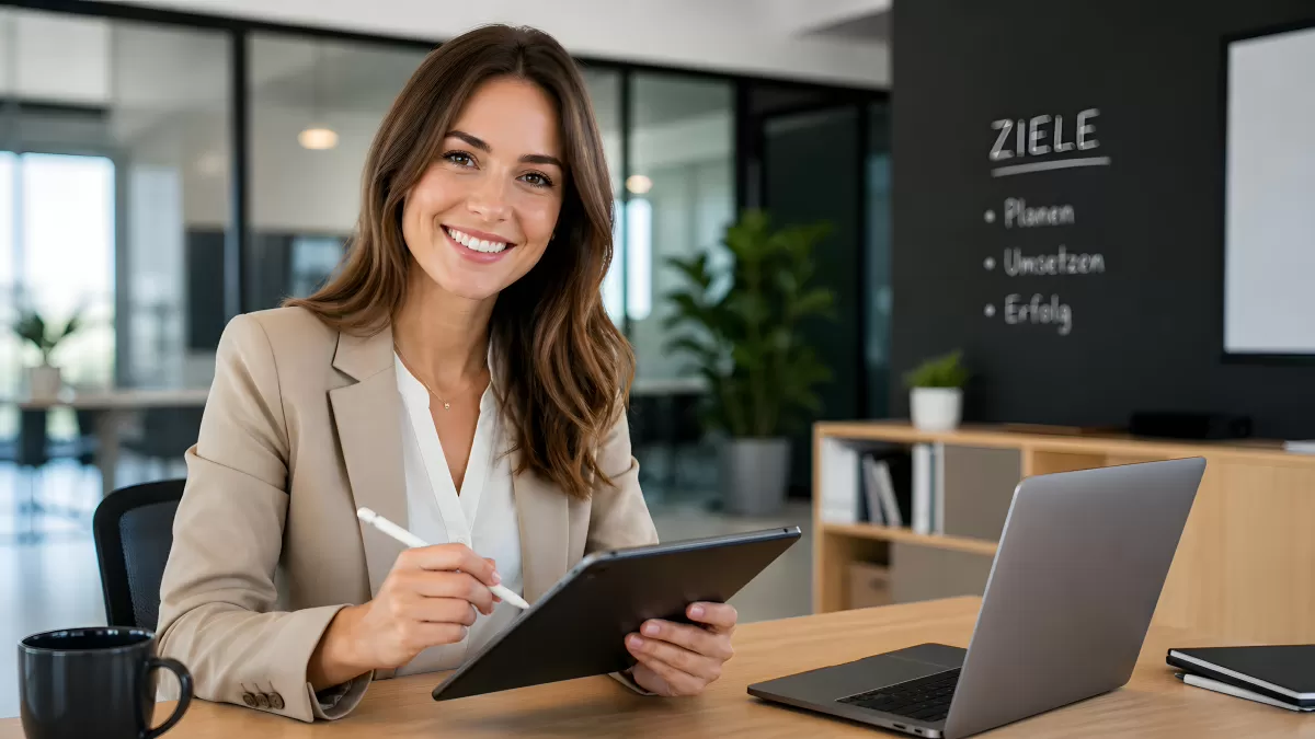 Moderne Geschäftsfrau nutzt Tablet im Büro