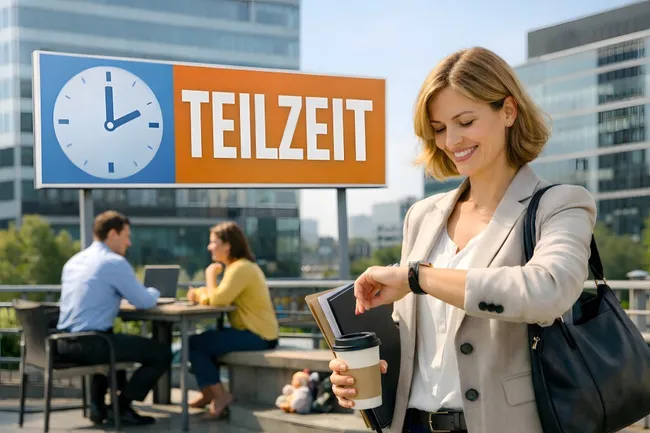 Moderne Geschäftsfrau überprüft ihre Zeit an der Teilzeit-Werbetafel