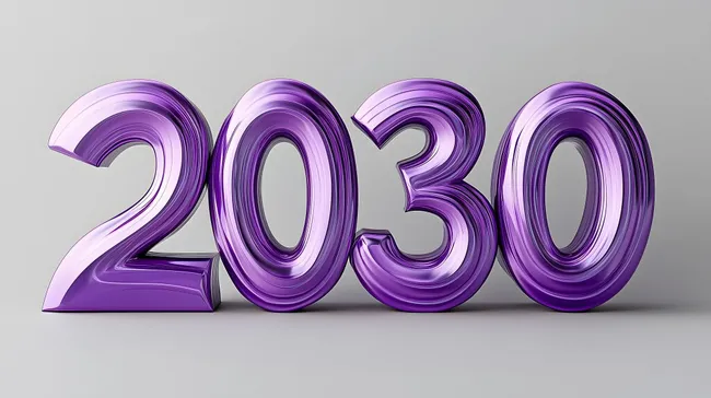 Moderne, glänzende 2030-Zahl in Lila auf Grauton