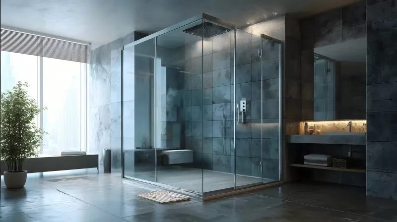 Moderne Glasdusche in luxuriösem Badezimmer