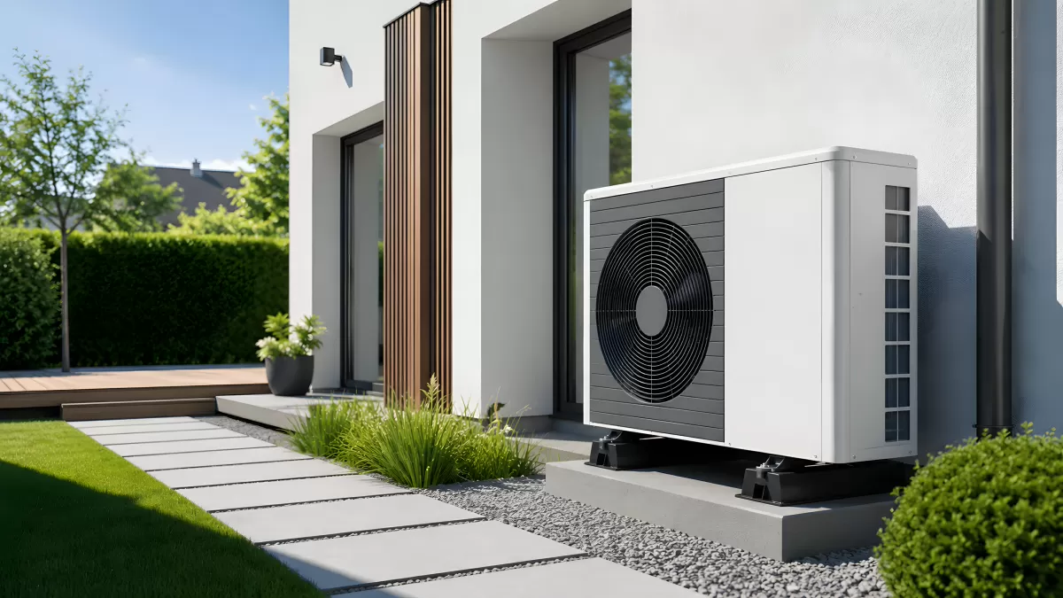 Moderne Hausfassade mit Wärmepumpe im Garten