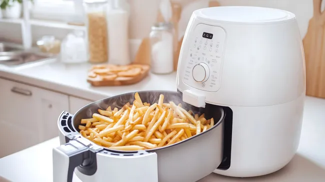 Moderne Heißluftfritteuse mit knusprigen Pommes in heller Küche