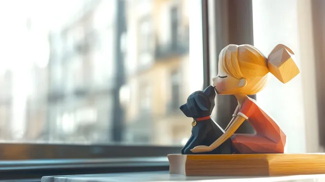 Moderne Holzfigur eines Mädchens mit Hund