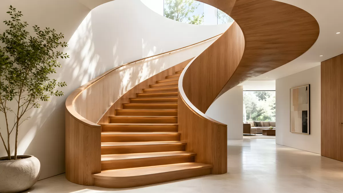 Moderne Holztreppe mit geschwungenem Design