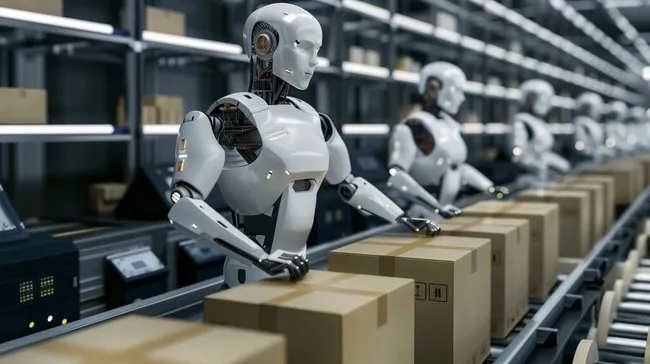 Moderne Industrie-Roboter sortieren Pakete in Lagerhalle