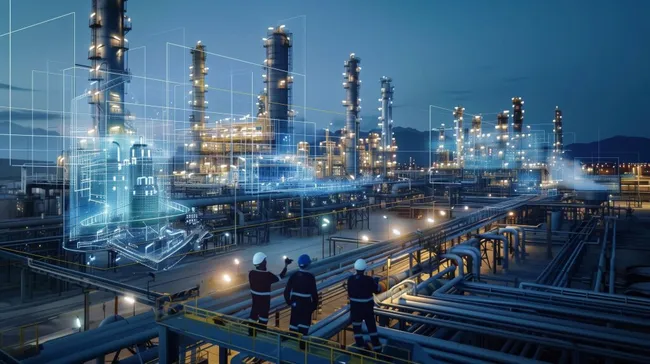 Moderne Industrieanlage bei Nacht mit digitaler Überwachung