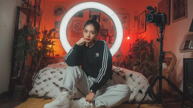 Moderne Influencerin im Studio mit Ringlicht und Kamera