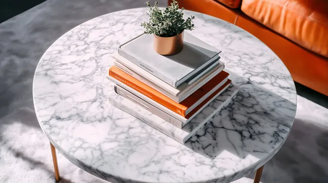 Moderne Inneneinrichtung mit Marmortisch und Bücherstapel