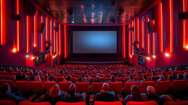 Moderne Kinoleinwand mit rot erleuchteter Zuschauertribüne