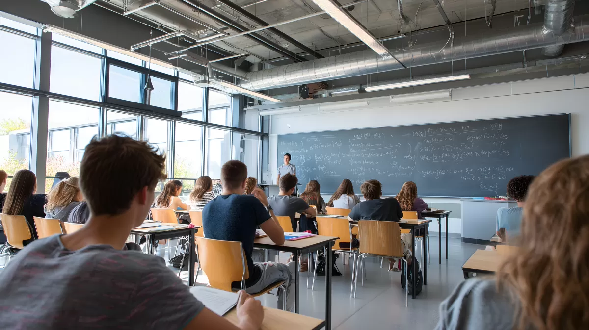 Moderne Klassenraum-Szene mit Schülern und Tafel