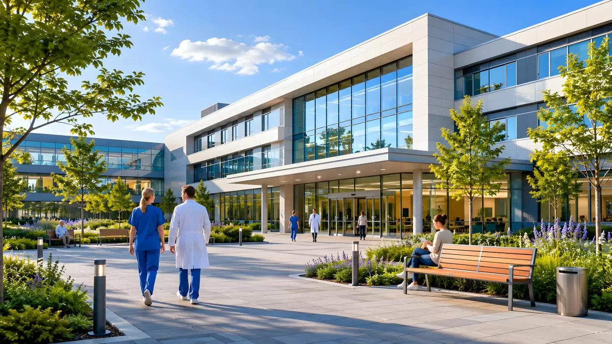 Moderne Klinik mit Ärzten im sonnigen Außenbereich