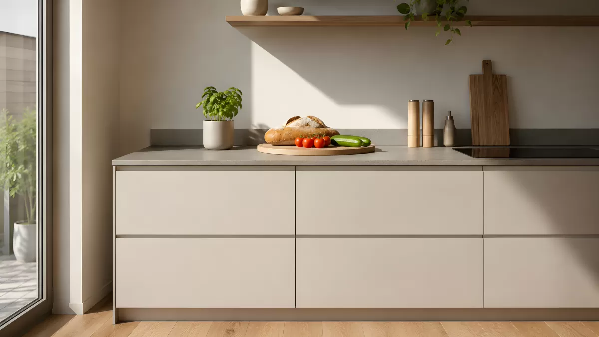 Moderne Küche mit frischem Gemüse und Brot auf Holzbrett